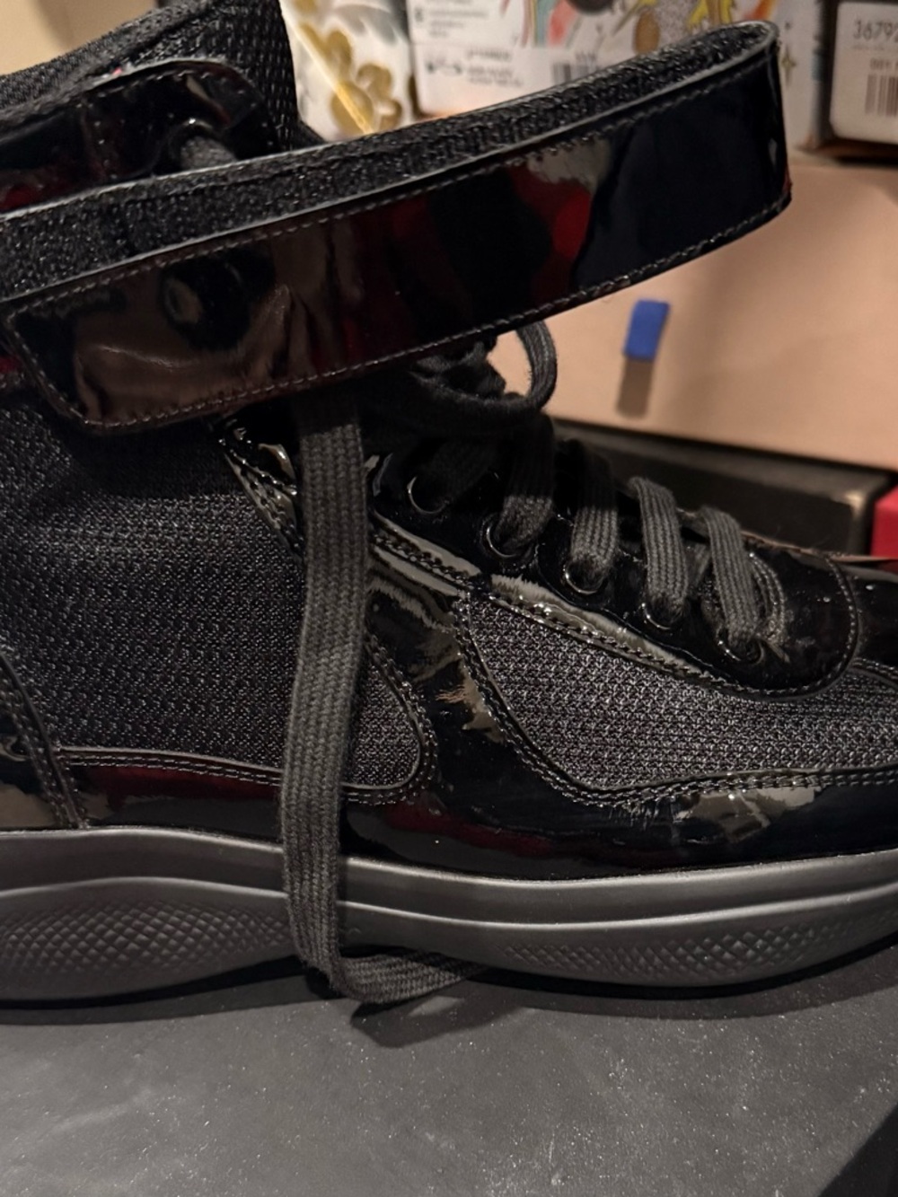 Authentic Prada Black Patent Leather High-Top Sneakers with Red Logo Tab - Picture 6 of 6